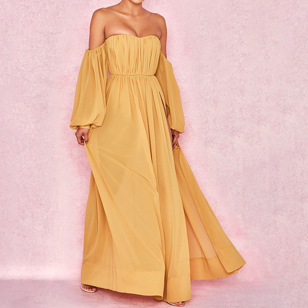 Split Long Sleeve Off Shoulder Floor-Length Lantern Sleeve Women's Dress