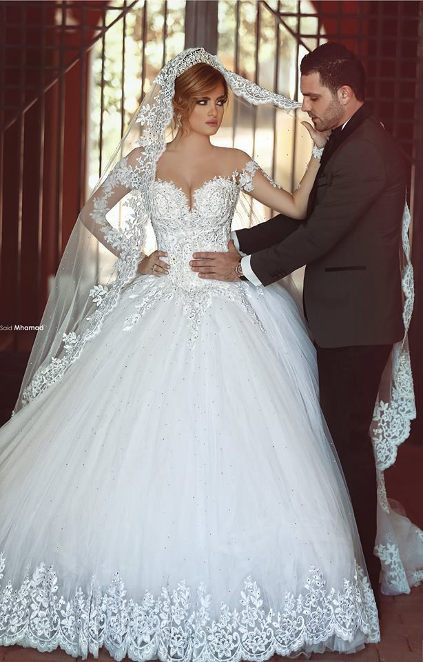 Appliques Beading Long Sleeves Ball Gown Wedding Dress