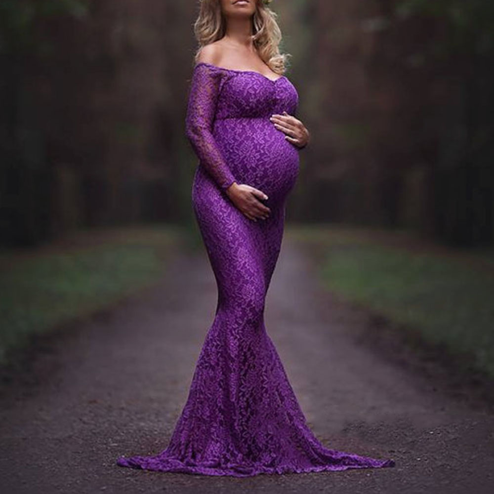 Floor-Length Lace Off Shoulder Long Sleeve Maternity Women's Dress