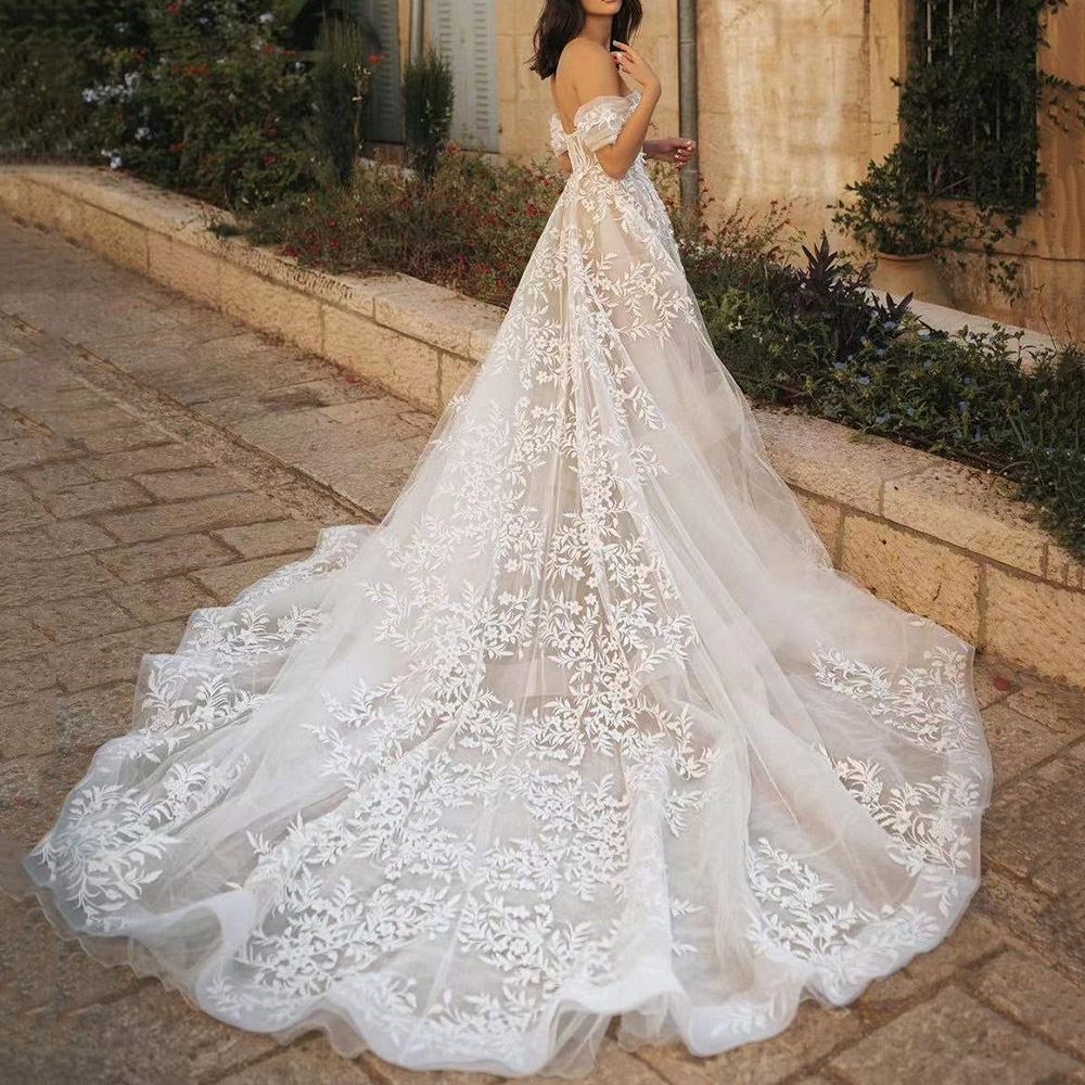 Floor-Length Off-The-Shoulder Ball Gown Short Sleeves Outdoor Wedding Dress 2021