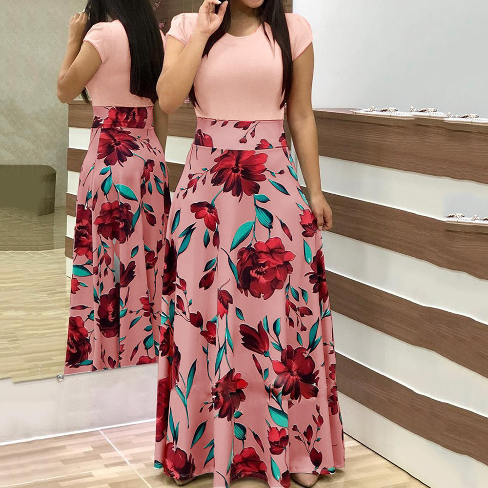 Floral Maxi Dress Short Sleeve Round Neck Print Floor-Length Floral Women's Rose Quartz Dress