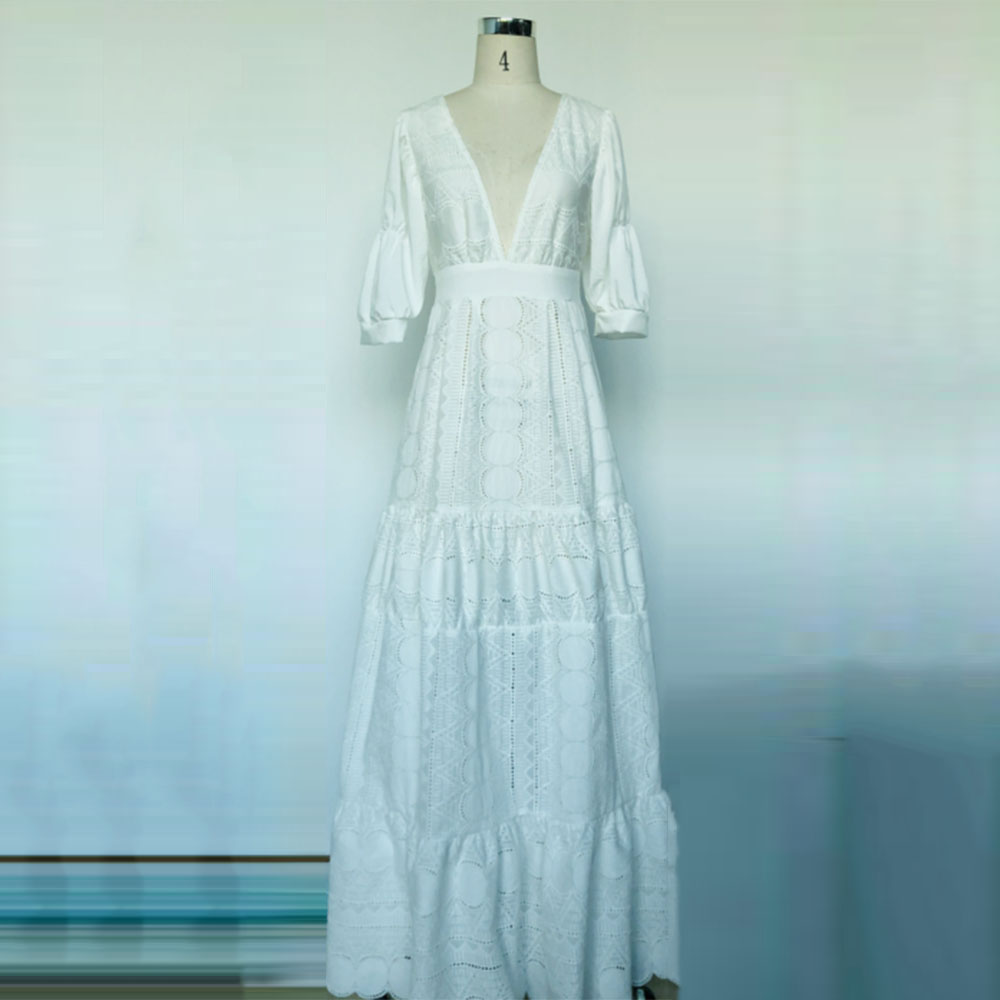 Half Sleeve V-Neck Falbala Floor-Length Puff Sleeve Women's Dress