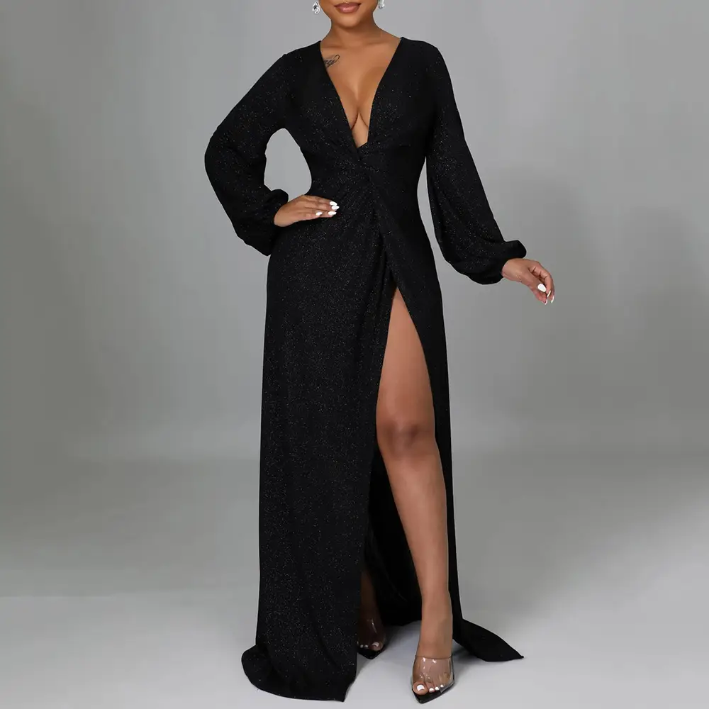 Split V-Neck Floor-Length Long Sleeve Asymmetrical Women's Dress