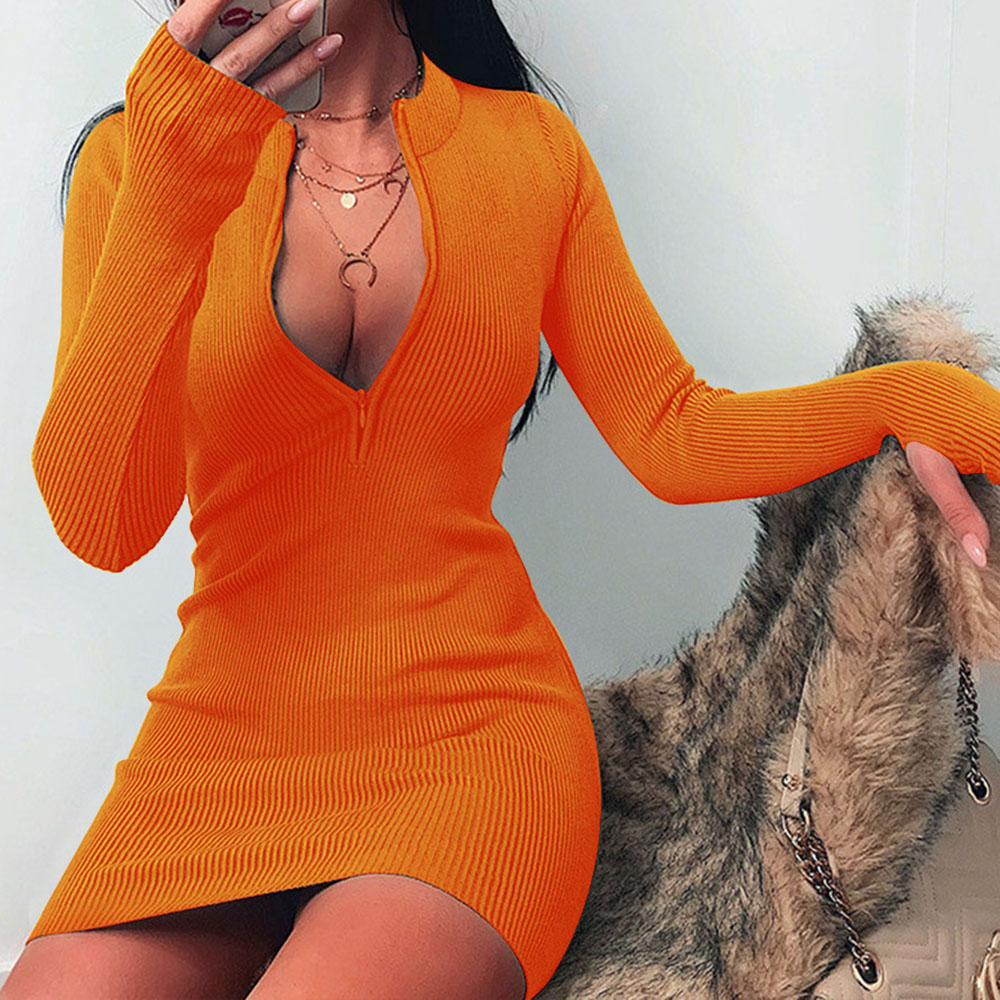 Above Knee Stand Collar Long Sleeve Bodycon Women's Dress