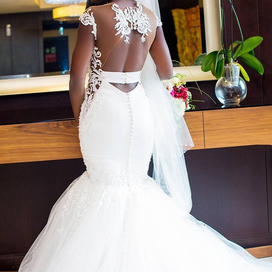 Appliques Mermaid Cap Sleeves Wedding Dress