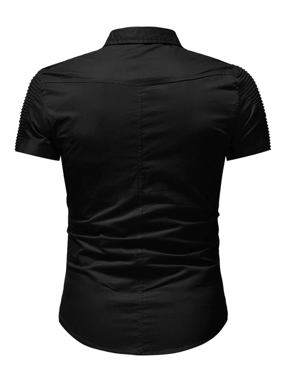 Lapel Patchwork Short Sleeve Men's Denim Shirt