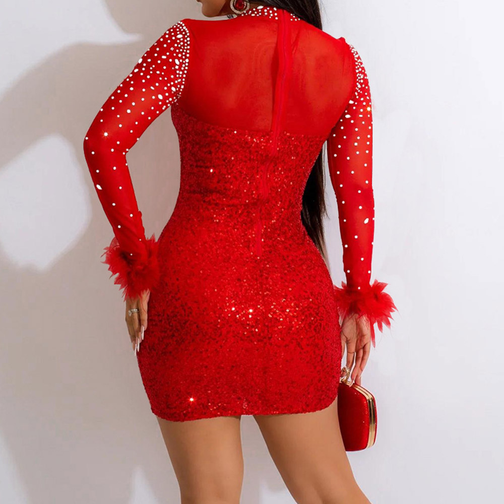 Stand Collar Long Sleeve Rhinestone Above Knee Party Bodycon Women's Dress