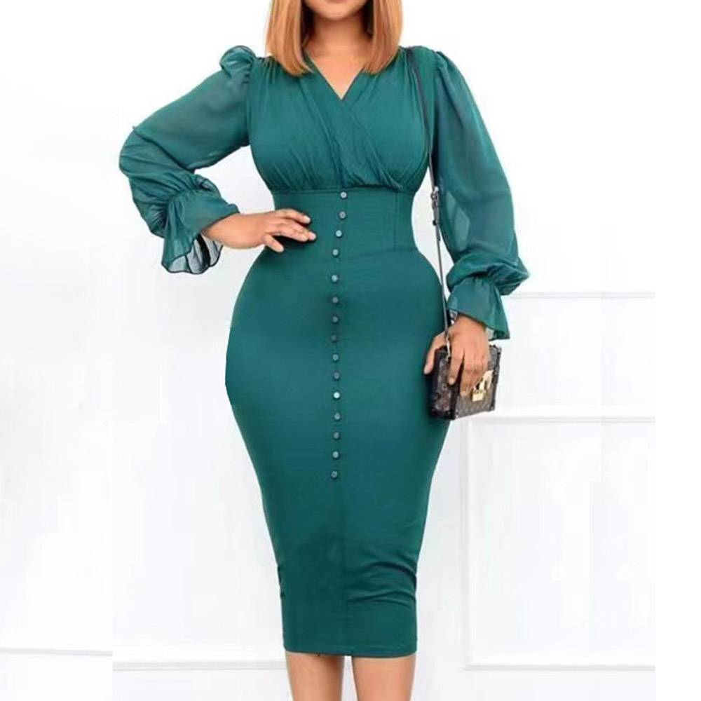 Mid-Calf Button V-Neck Long Sleeve Pullover Women's Sheath Dress