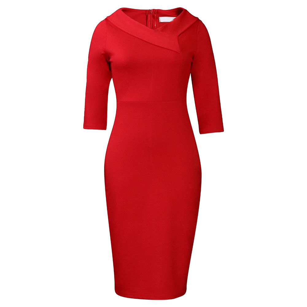 V-Neck Three-Quarter Sleeve Split Knee-Length Plain Women's Dress