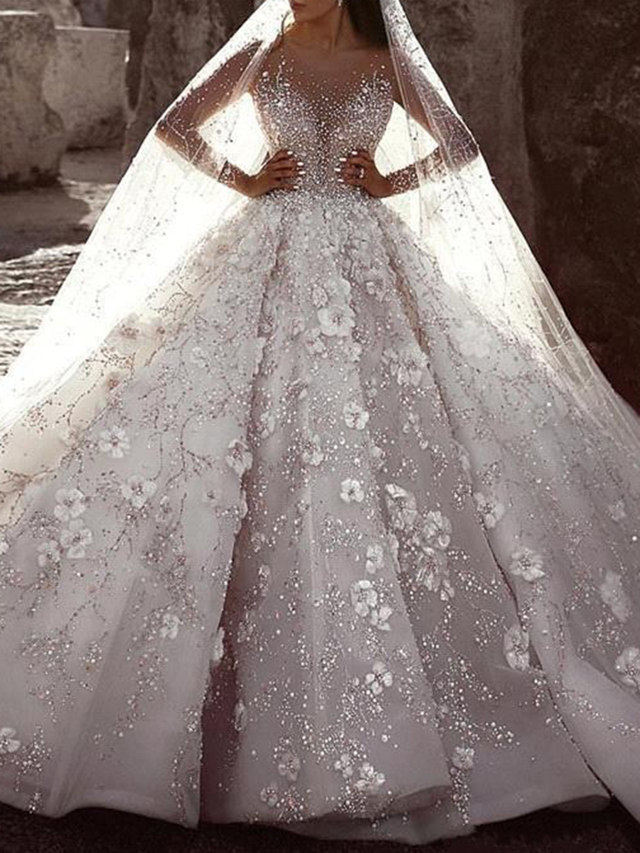 Long Sleeves 3D Flowers Beading Luxurious Wedding Dress