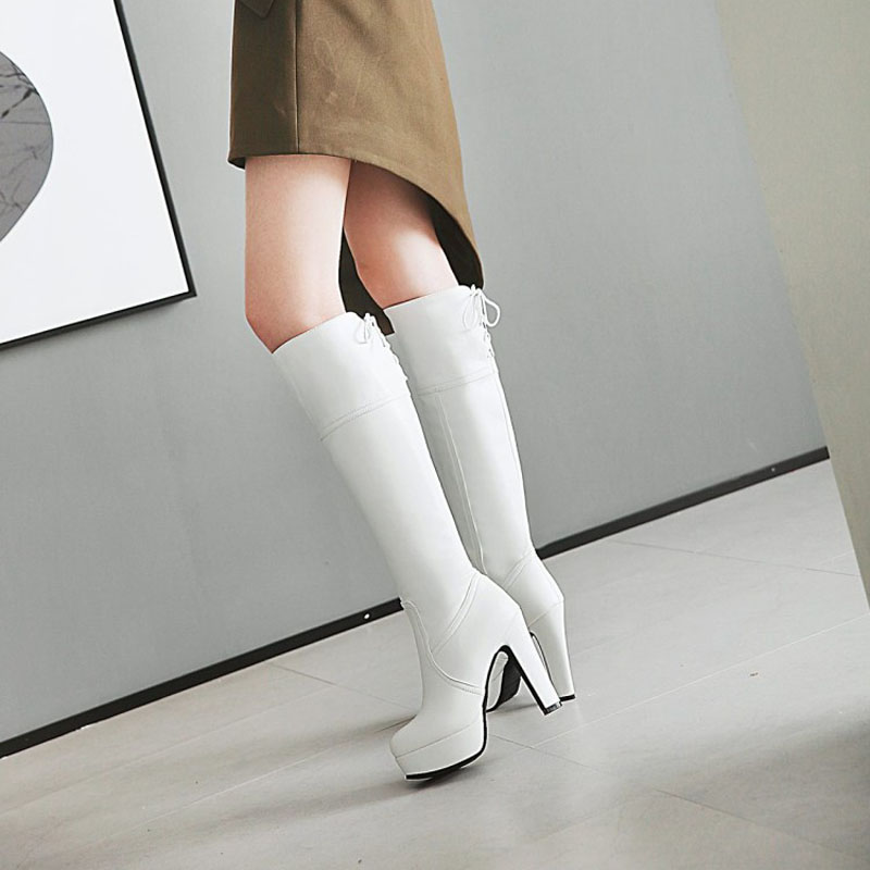 Lace-Up Back Chunky Heel Platform Round Toe Women's Knee High Boots
