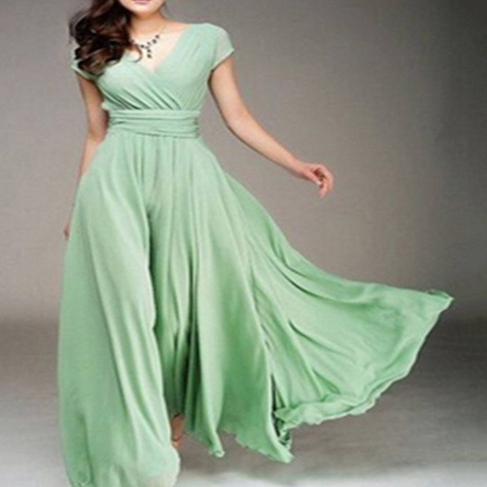 Short Sleeve V-Neck Floor-Length Plain Women's Dress