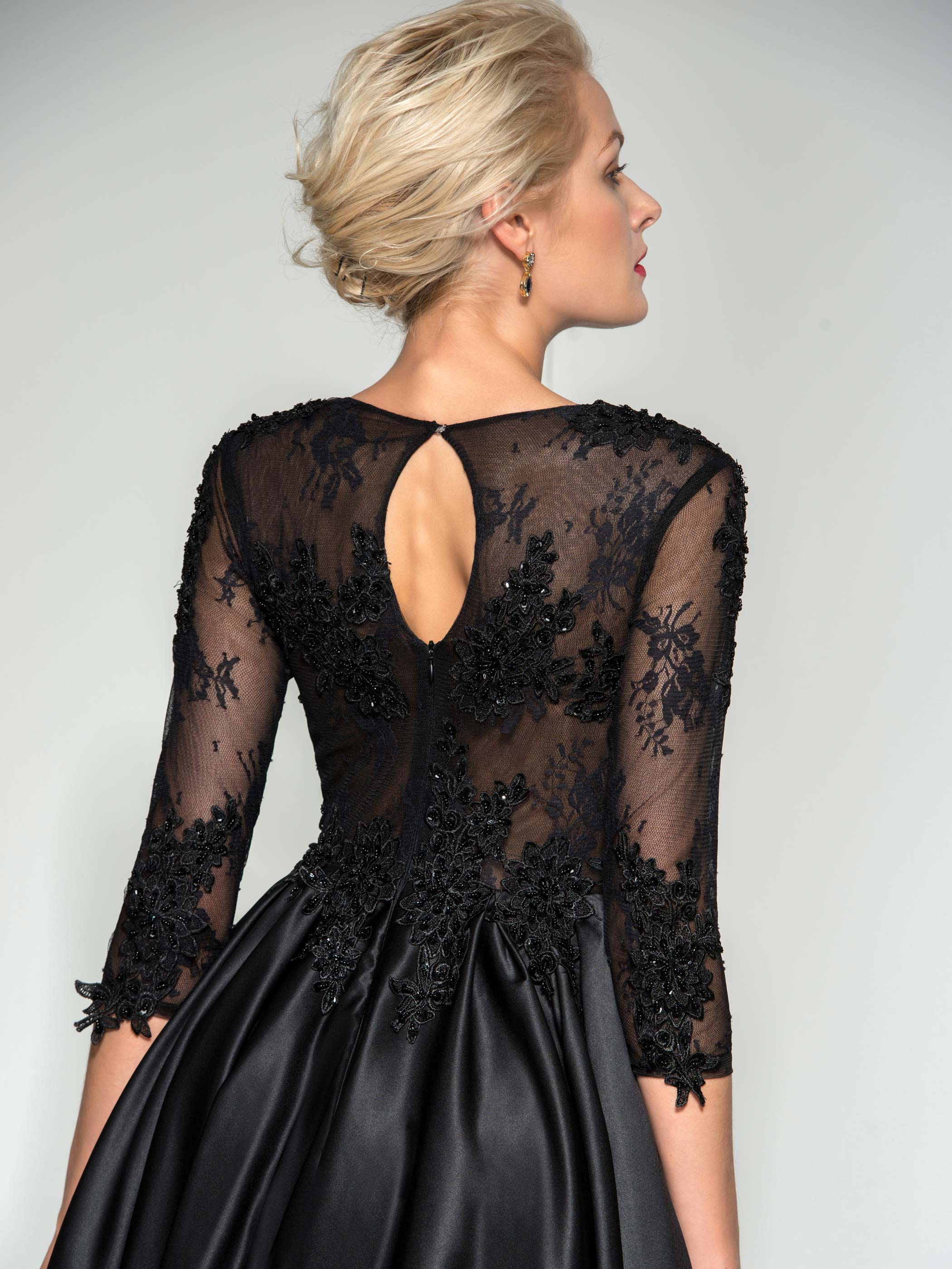 Beaded Lace Tea-Length Evening Dress with Sleeves