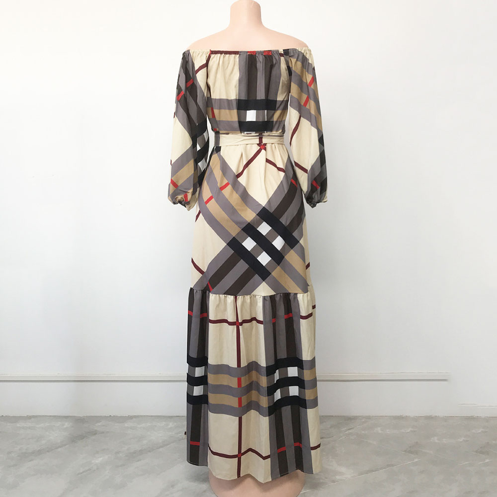 Three-Quarter Sleeve Off Shoulder Floor-Length Print Plaid Women's Dress