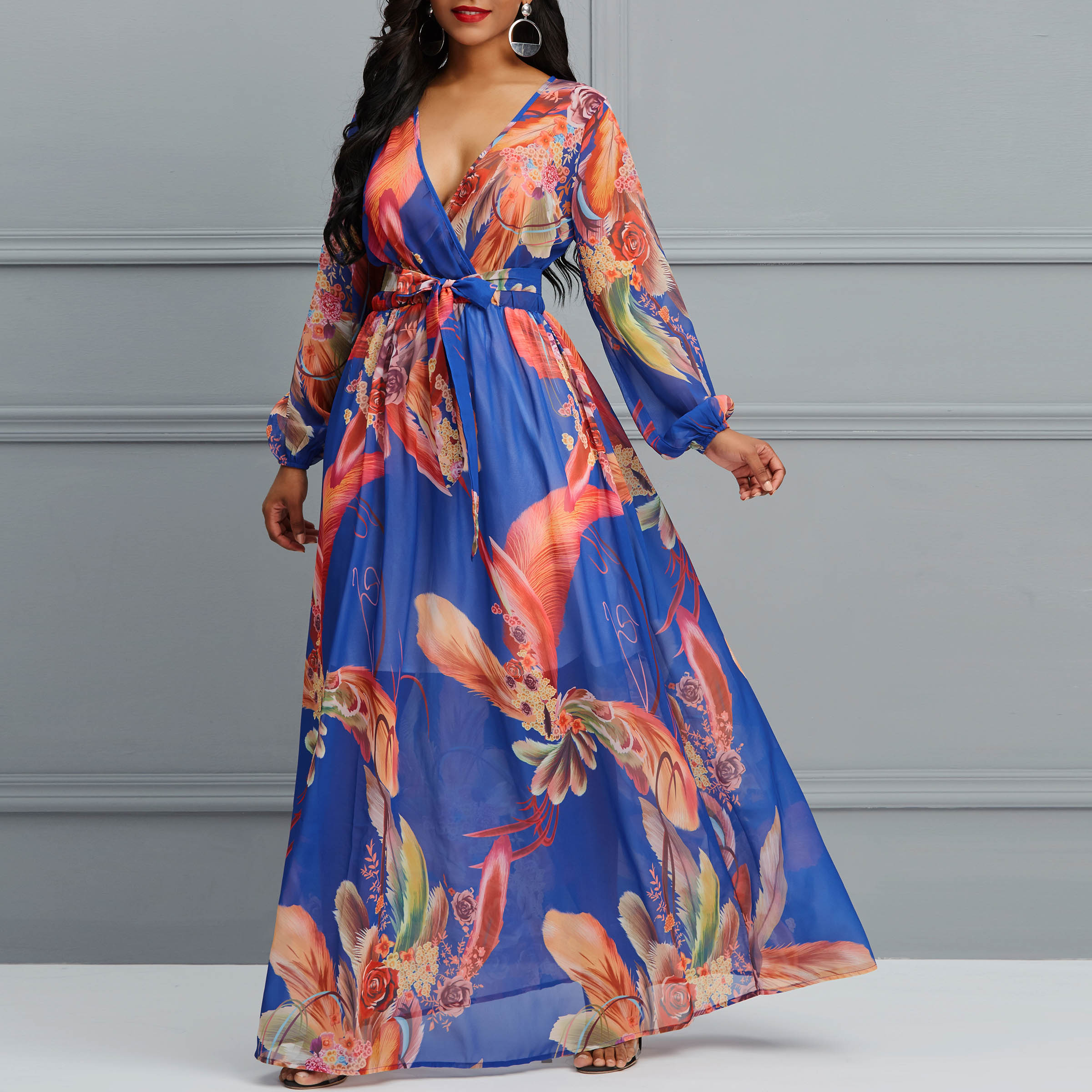 V-Neck Print Long Sleeve Pullover Women's Maxi Dress