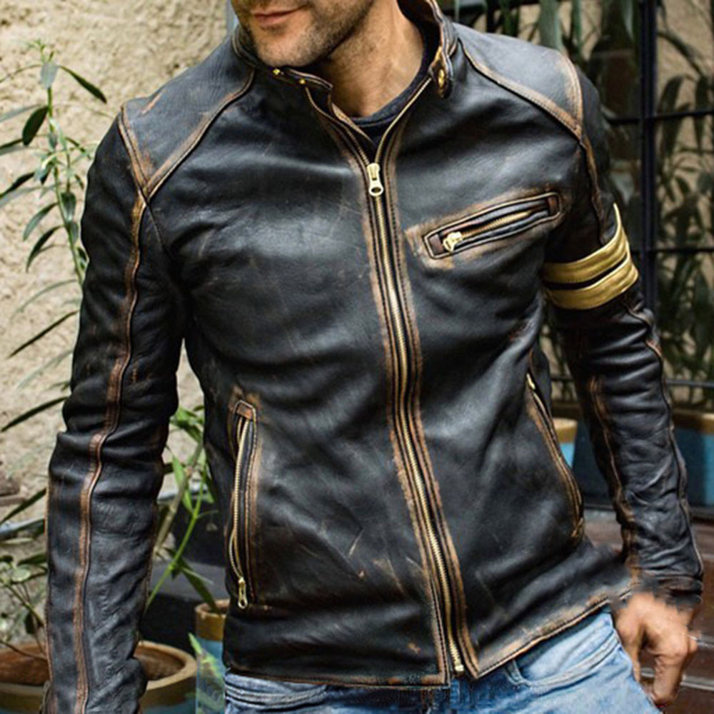 Stand Collar Standard Color Block Slim Men's Leather Jacket