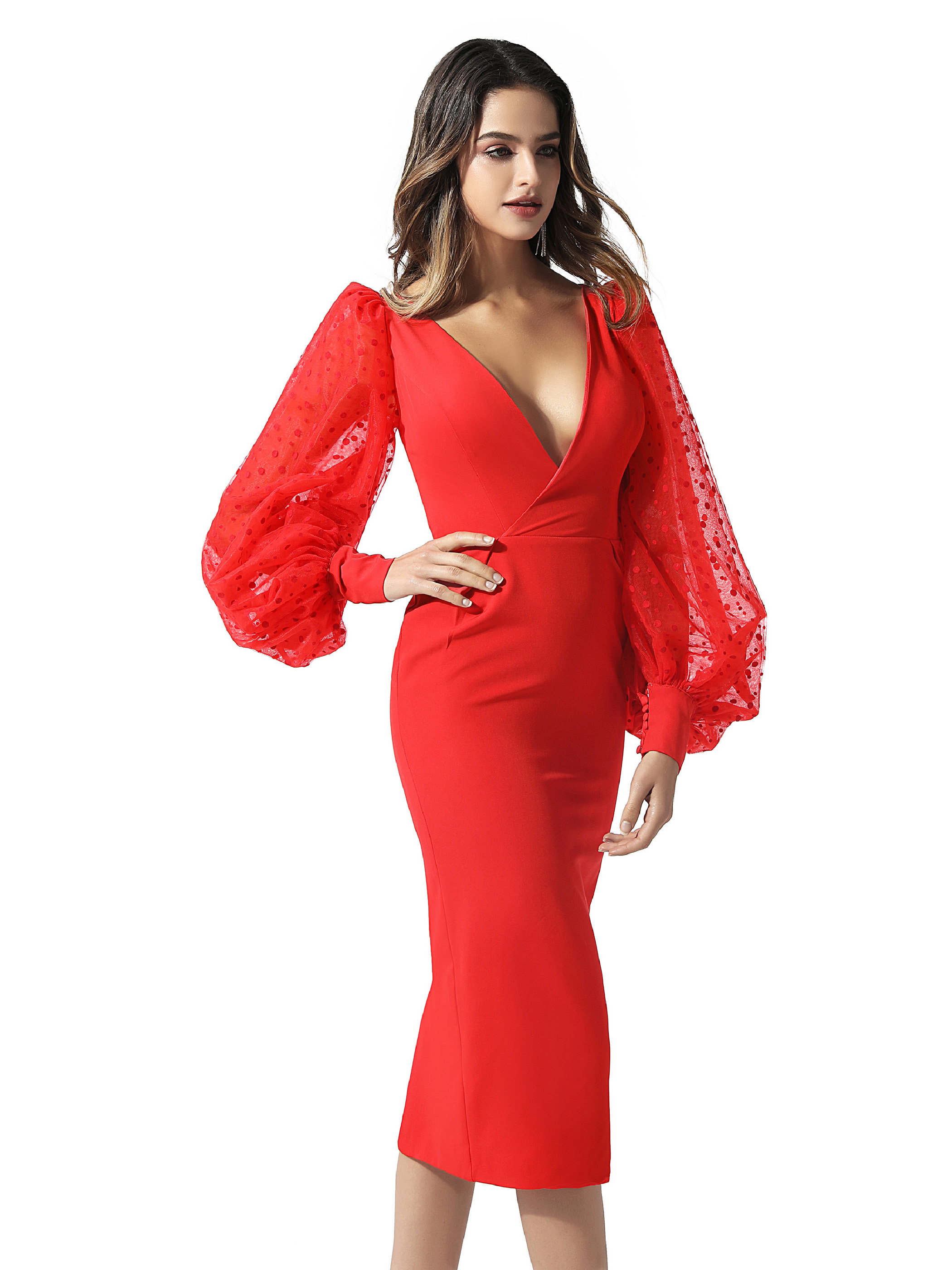 Long Sleeves V-Neck Knee-Length Sheath Red Cocktail Dress 2020
