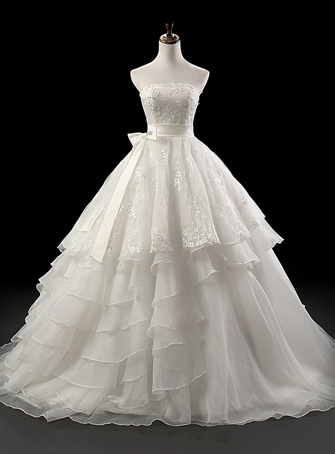 Strapless Lace Tiered Ball Gown Wedding Dress