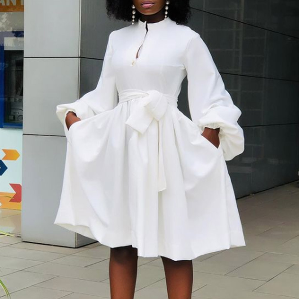 Knee-Length Stand Collar Pocket Long Sleeve Pullover Women's Dress