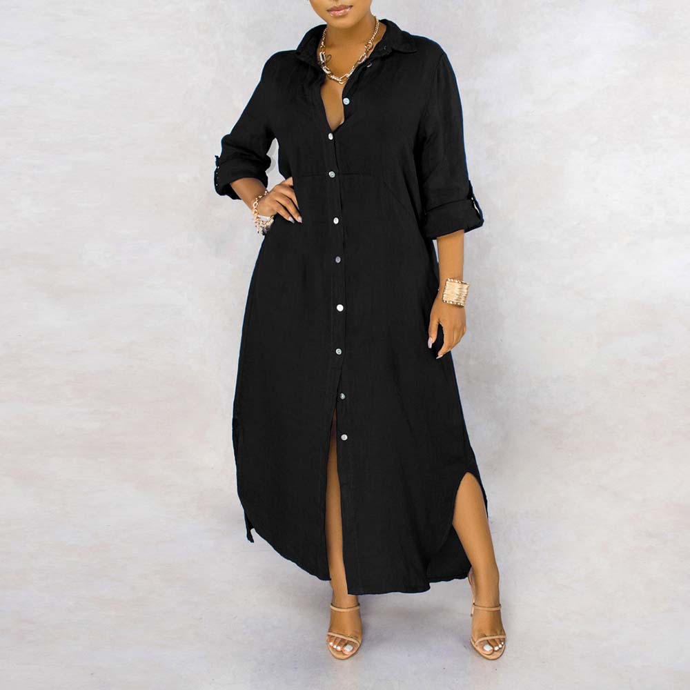 Single-Breasted Long Sleeve Lapel Split Floor-Length Women's Dress