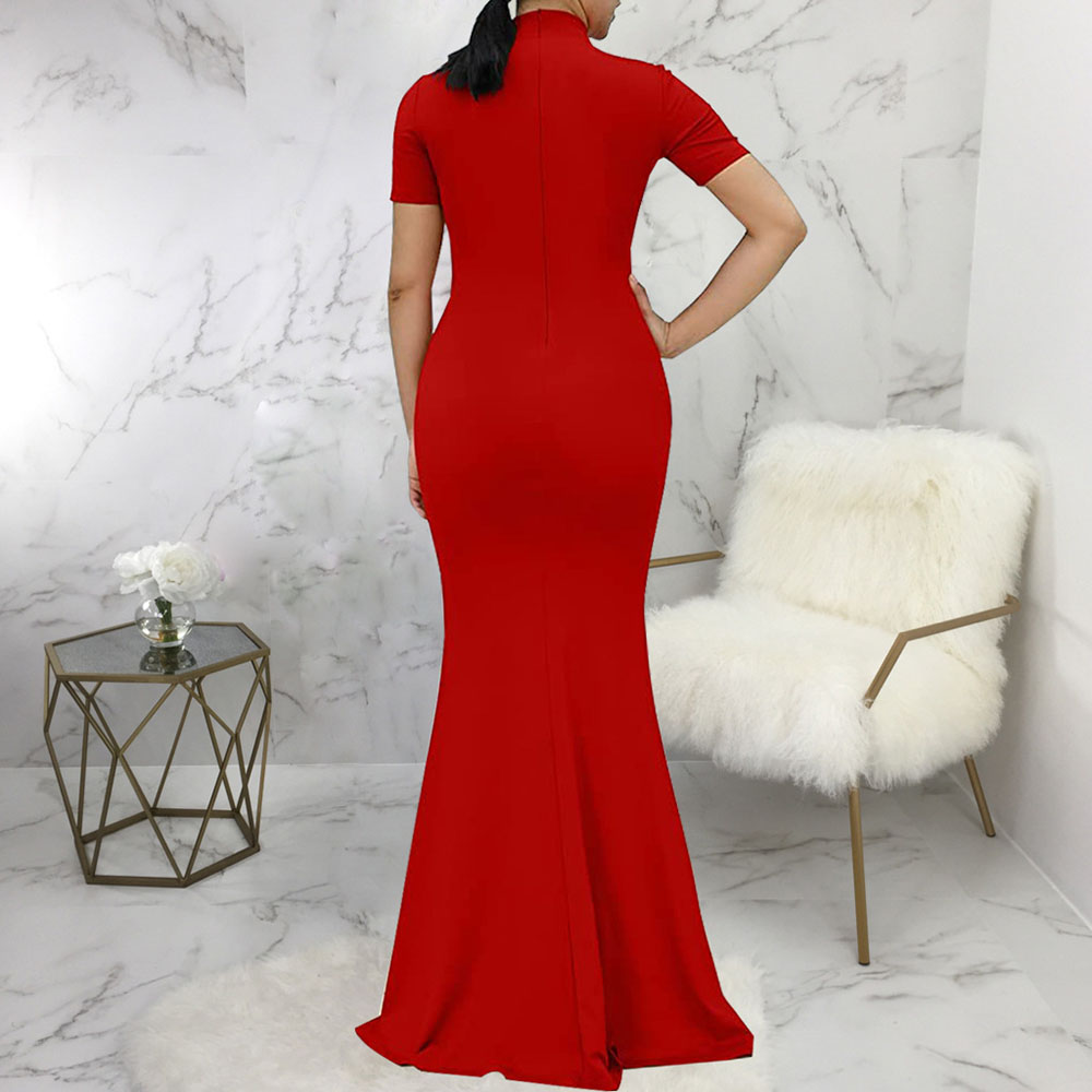 Bow Collar Floor-Length Short Sleeve Bowknot Plain Women's Dress