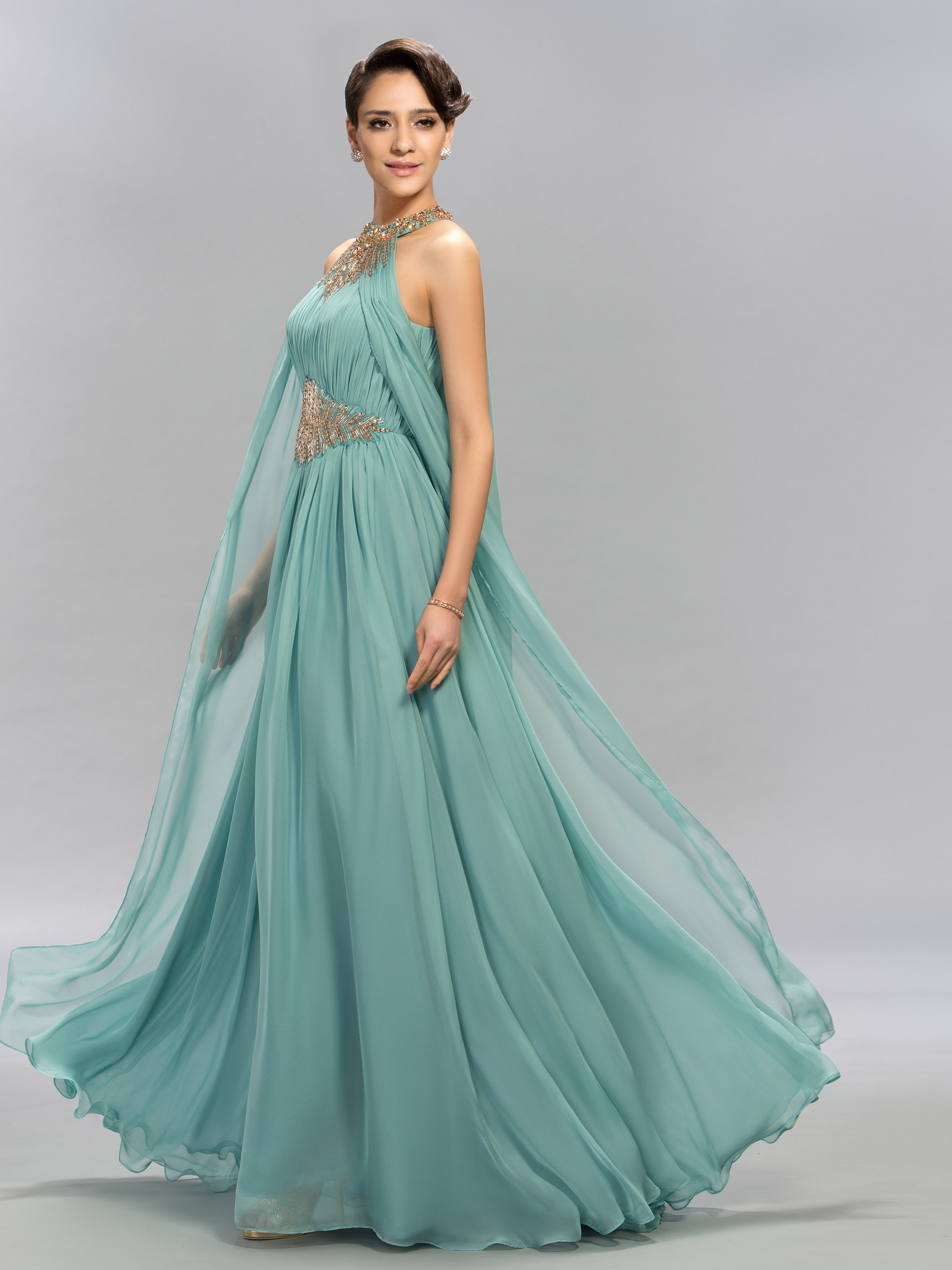 Beaded Halter Neck Ruffles Long Evening Dress