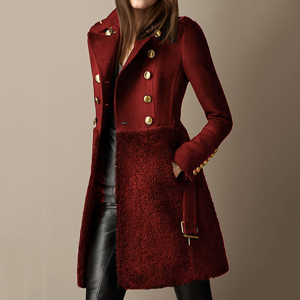 Regular Double-Breasted A Line Patchwork Lapel Women's Overcoat-