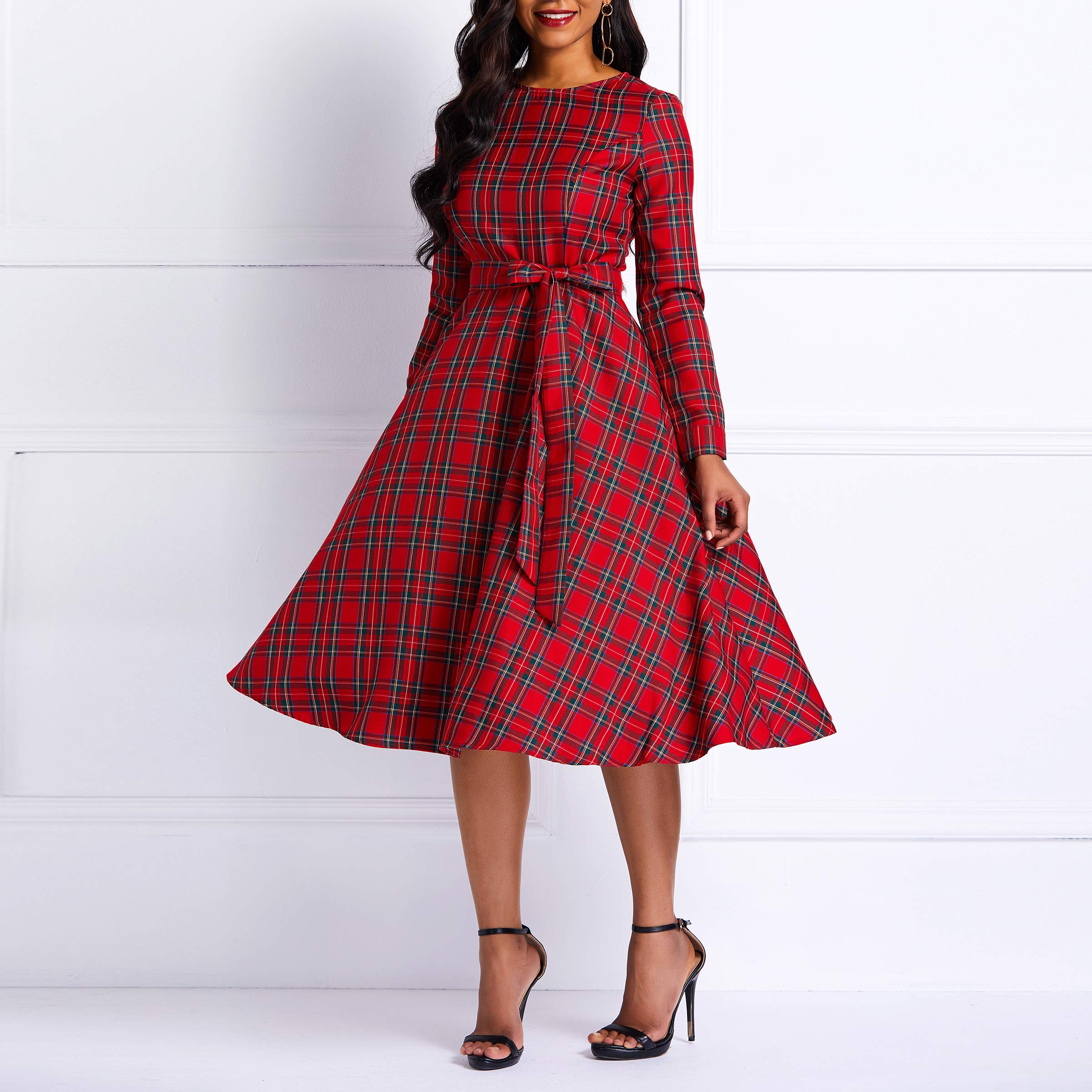 Red Plaid Knot Women's Day Dress