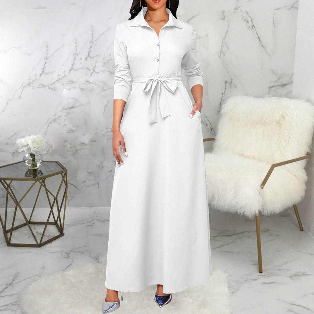 Lace-Up Floor-Length Lapel Long Sleeve Plain Women's Dress