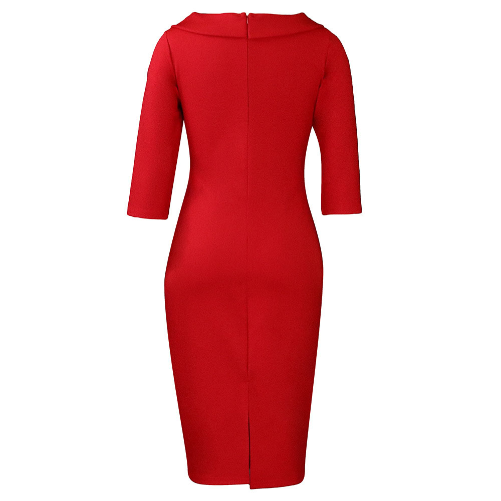 V-Neck Three-Quarter Sleeve Split Knee-Length Plain Women's Dress