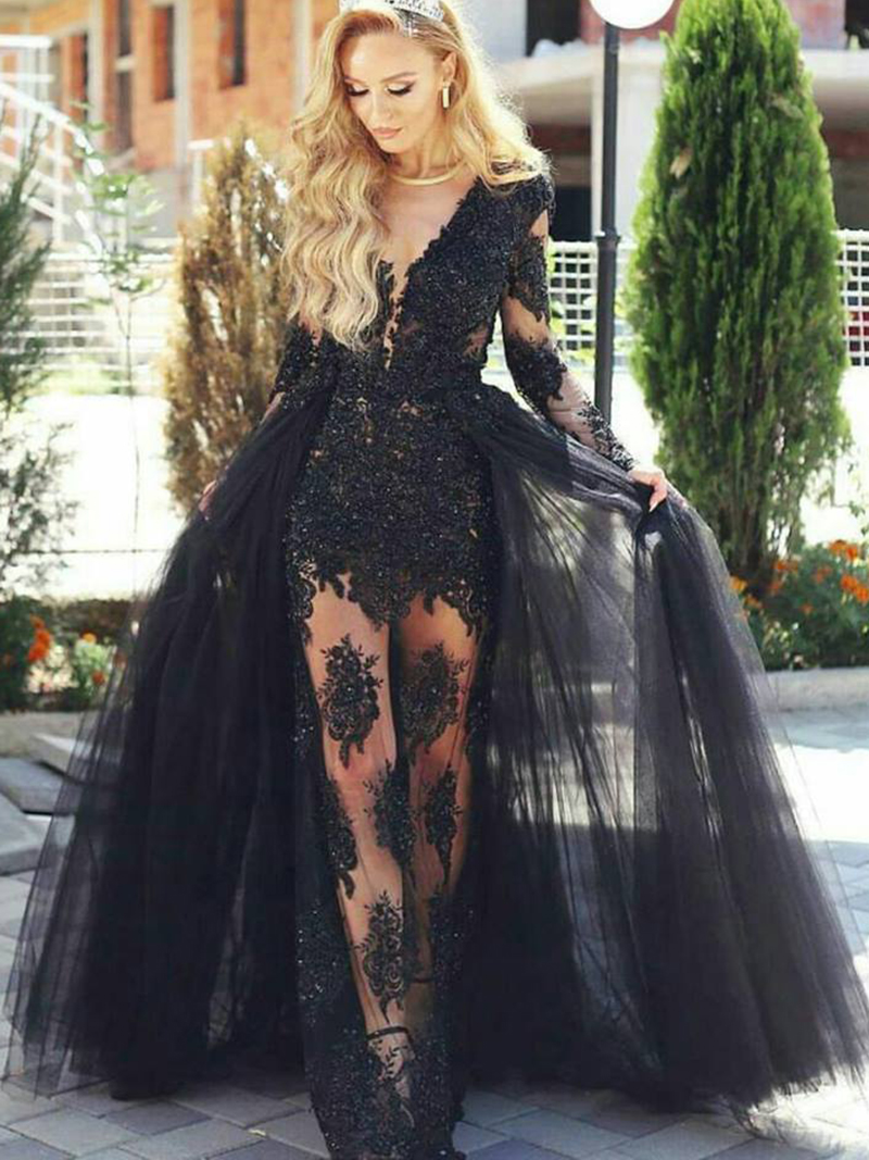 Sheer Neck Appliques Long Sleeves Lace Tulle Evening Dress with Train