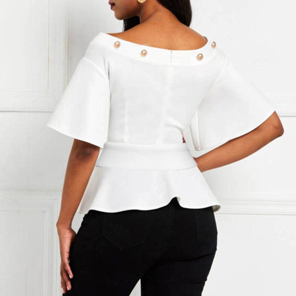 African Fashion Plain Flare Sleeve Off Shoulder Peplum Women's Blouse