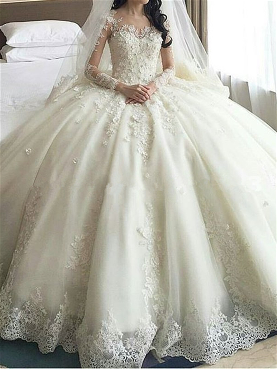 Long Sleeve Appliques Cathedral Train Wedding Dress