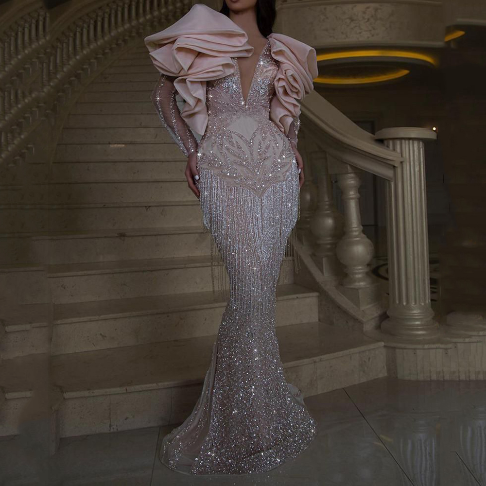 Cascading Ruffles Mermaid V-Neck Floor-Length Formal Evening Dress 2021