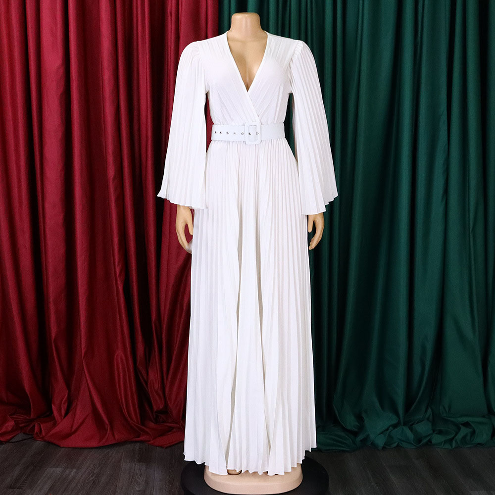 Three-Quarter Sleeve V-Neck Pleated Floor-Length High Waist Women's Dress