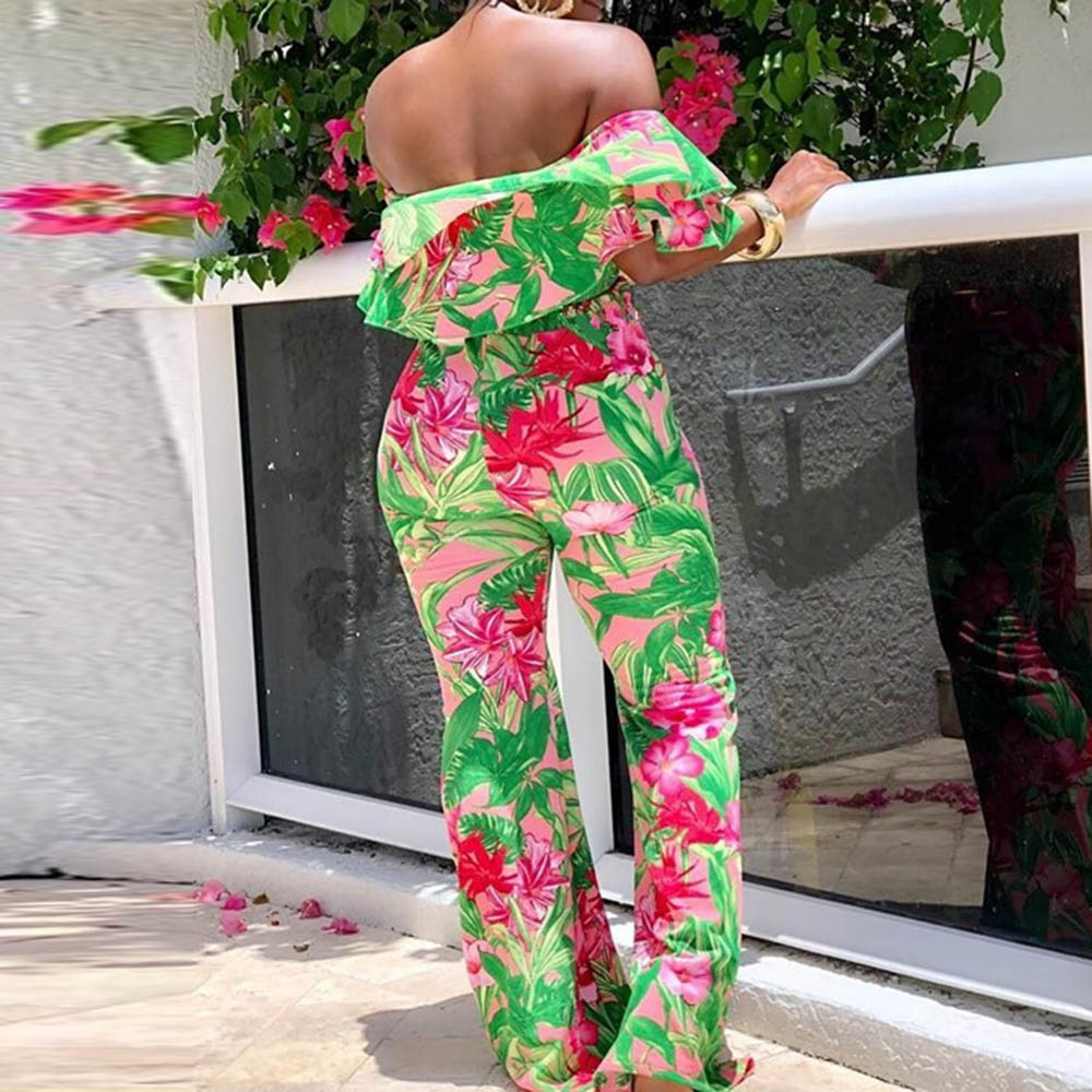 African Fashion Falbala Fashion Floral Full Length Bellbottoms Women's Jumpsuit
