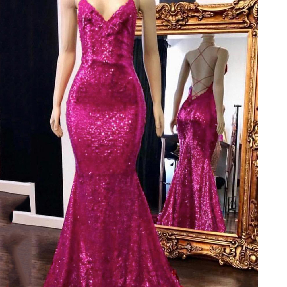 Spaghetti Straps Mermaid Red Sequins Evening Dress