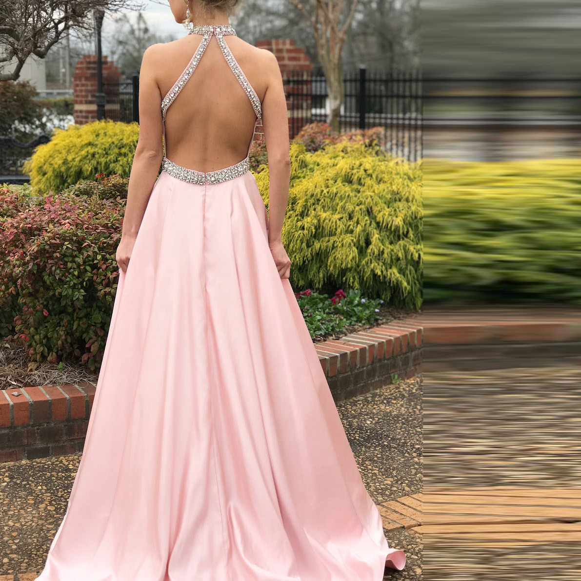 Beading Halter Backless Pink Prom Dress