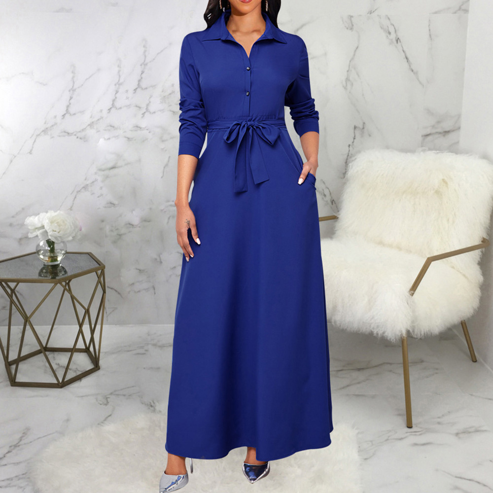 Lace-Up Floor-Length Lapel Long Sleeve Plain Women's Dress