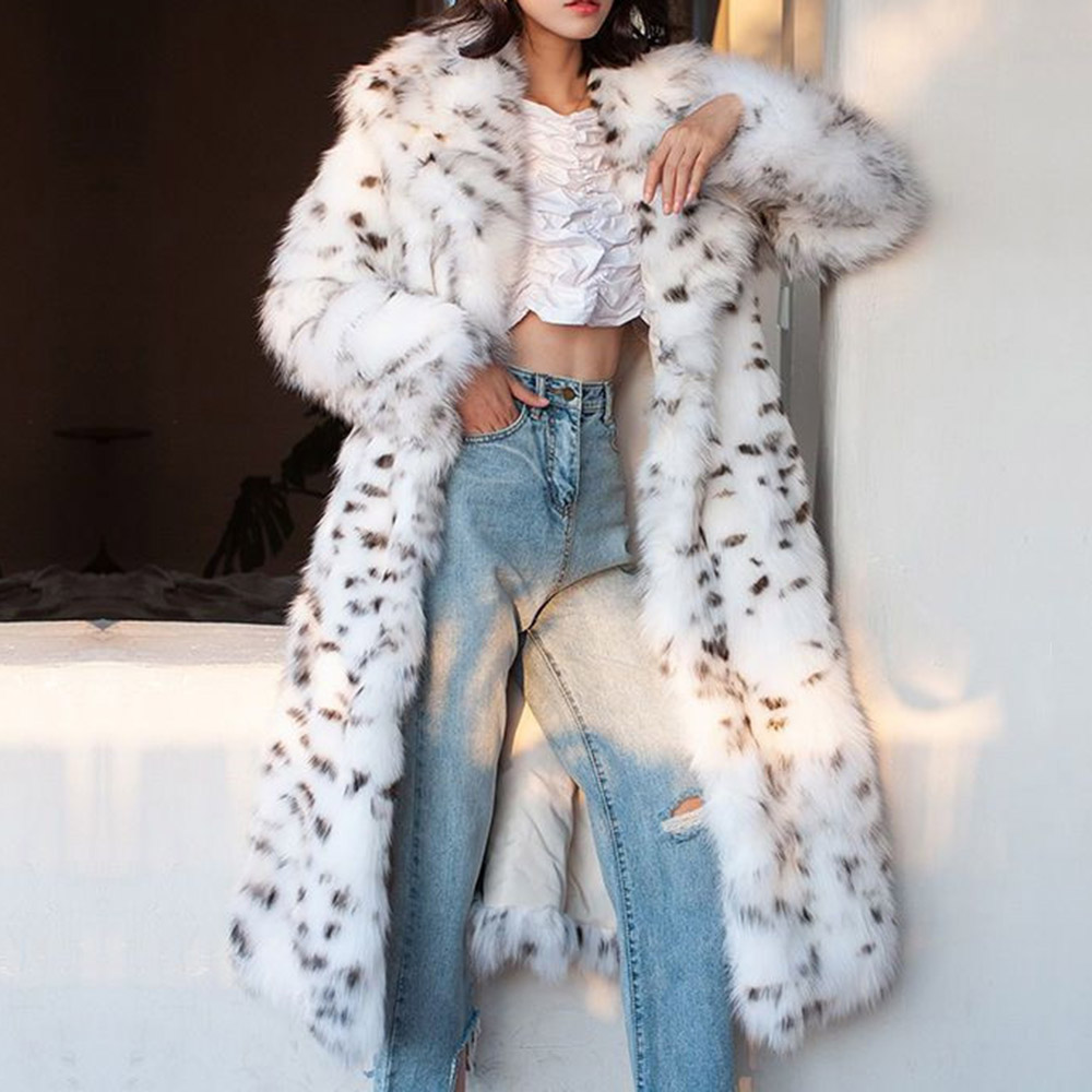 Long Leopard Lapel Straight Women's Faux Fur Overcoat