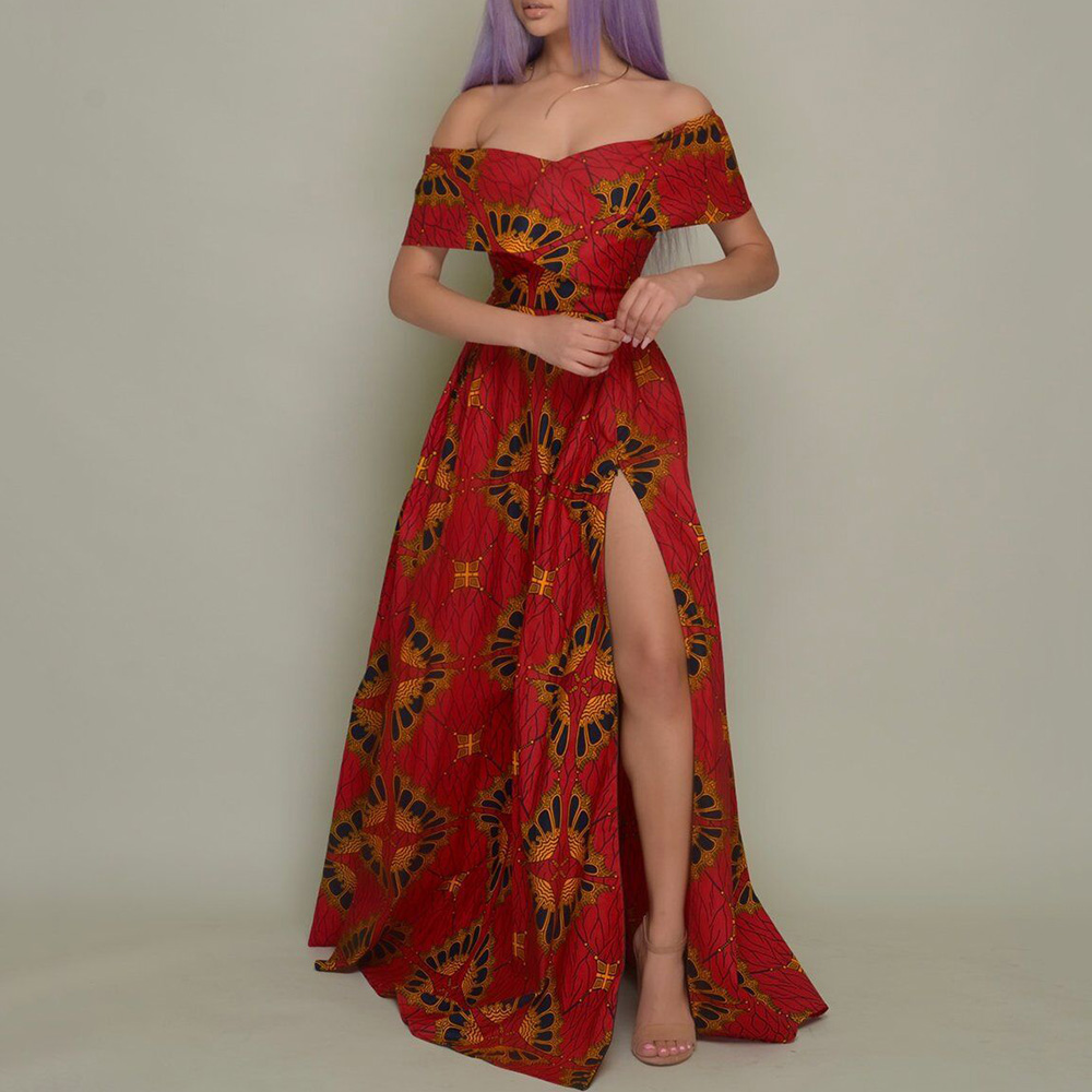 Short Sleeve Off Shoulder Print Floor-Length Cold Shoulder Women's Dress