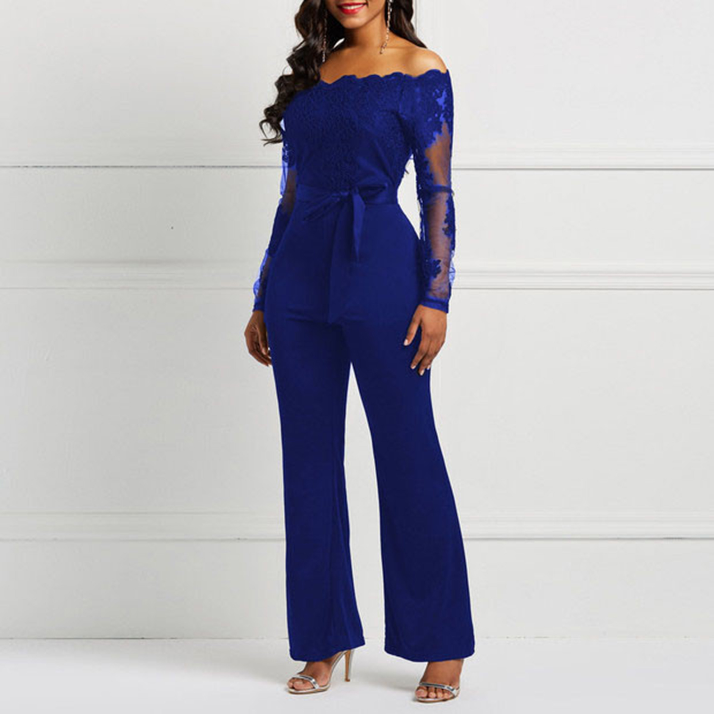 African Fashion Lace Patchwork Full Length Lace-Up Slim Women's Jumpsuit