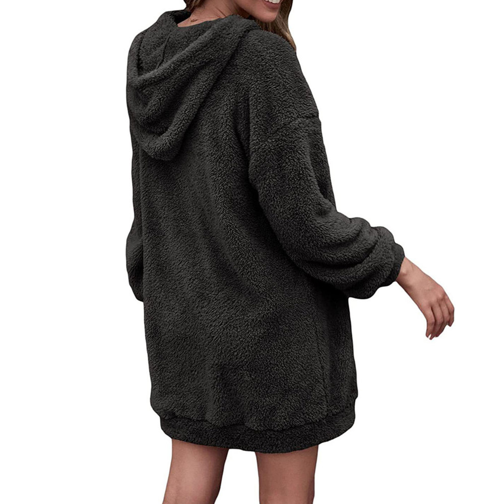 Long Sleeves Pocket Plain Mid-Length Pullover Hooded Women's Hoodie