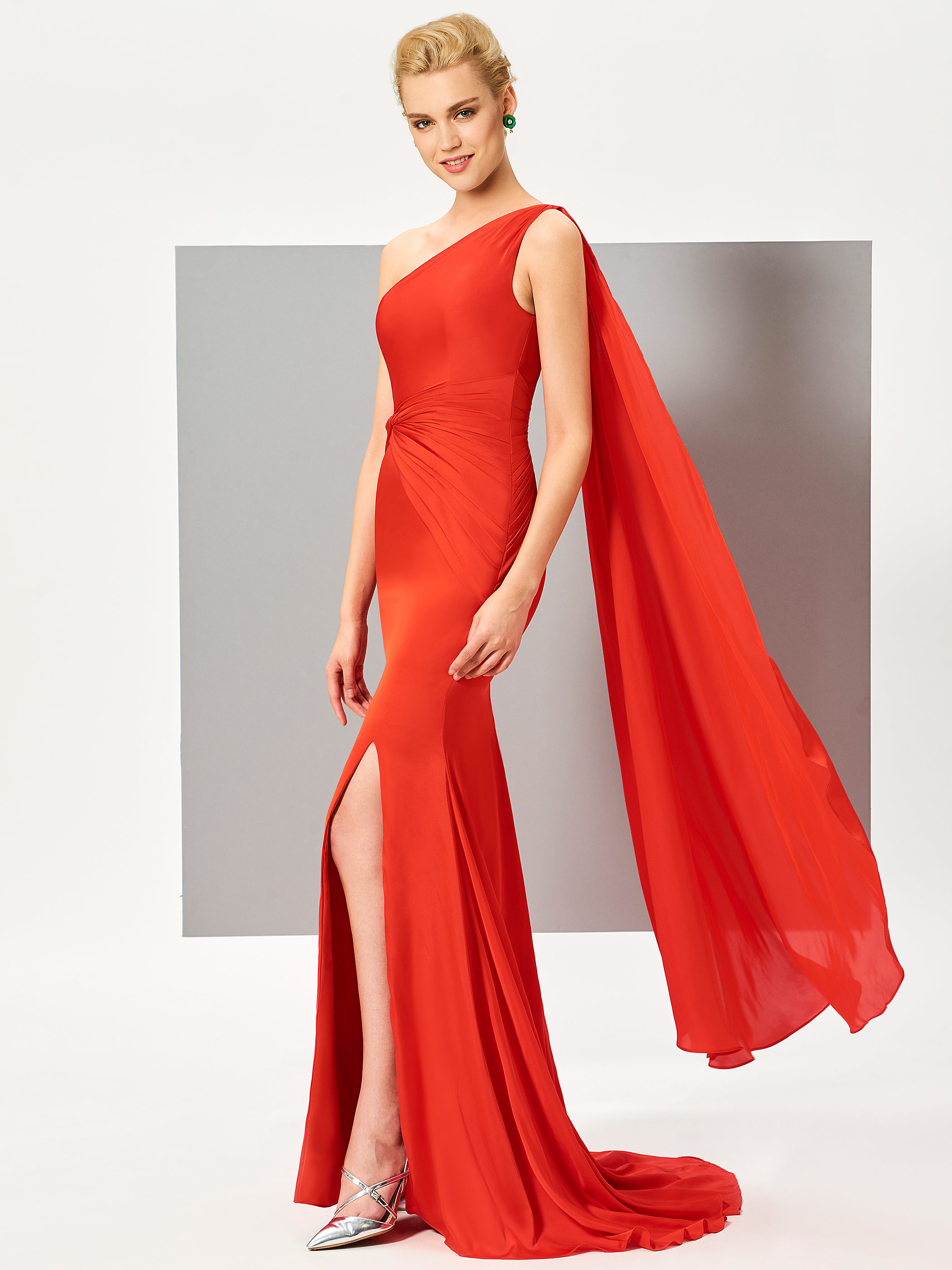 One Shoulder Pleats Split-Front Red Evening Dress