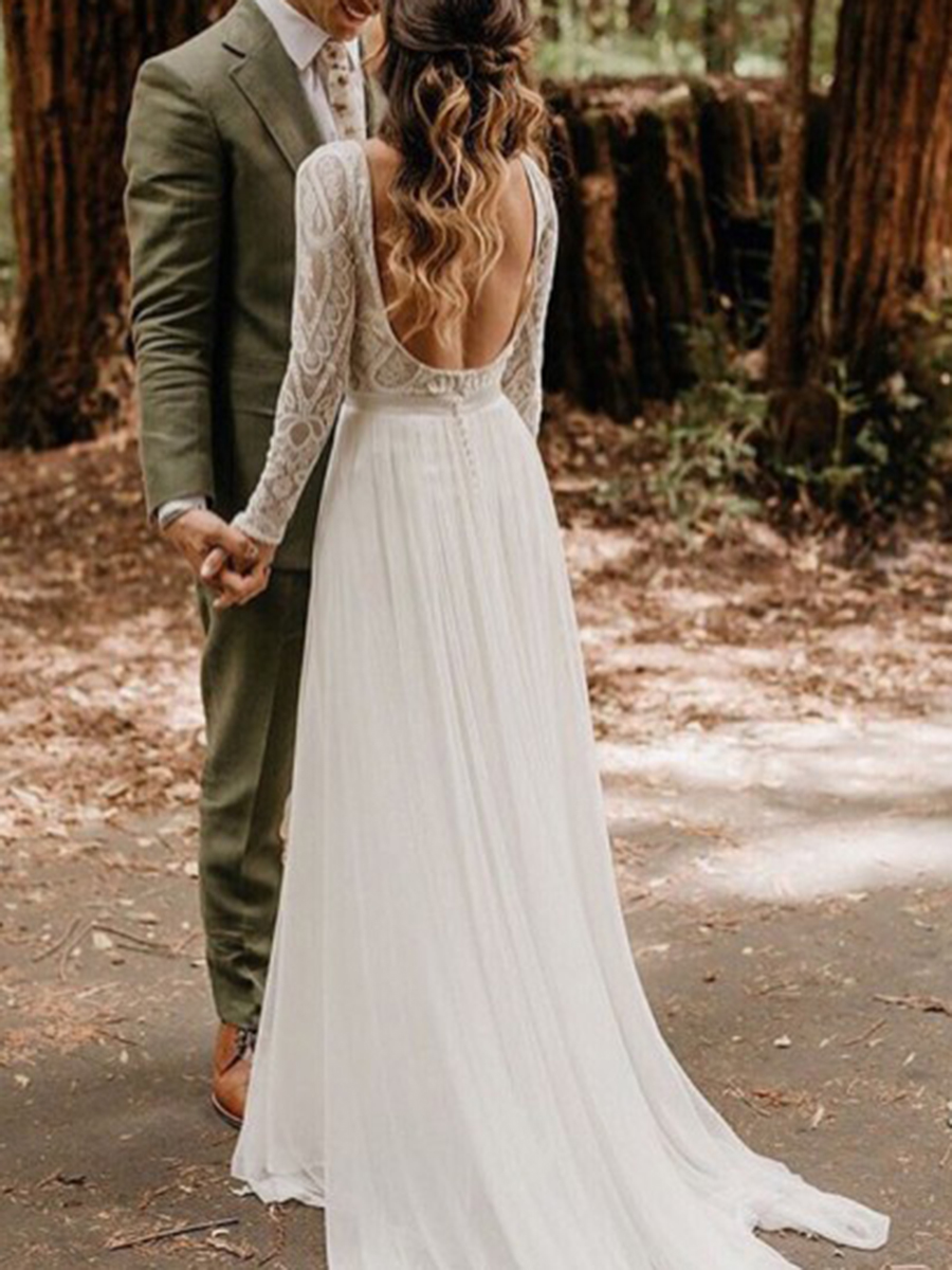 Long Sleeves Chiffon Backless Bateau Boho Lace Wedding Dress