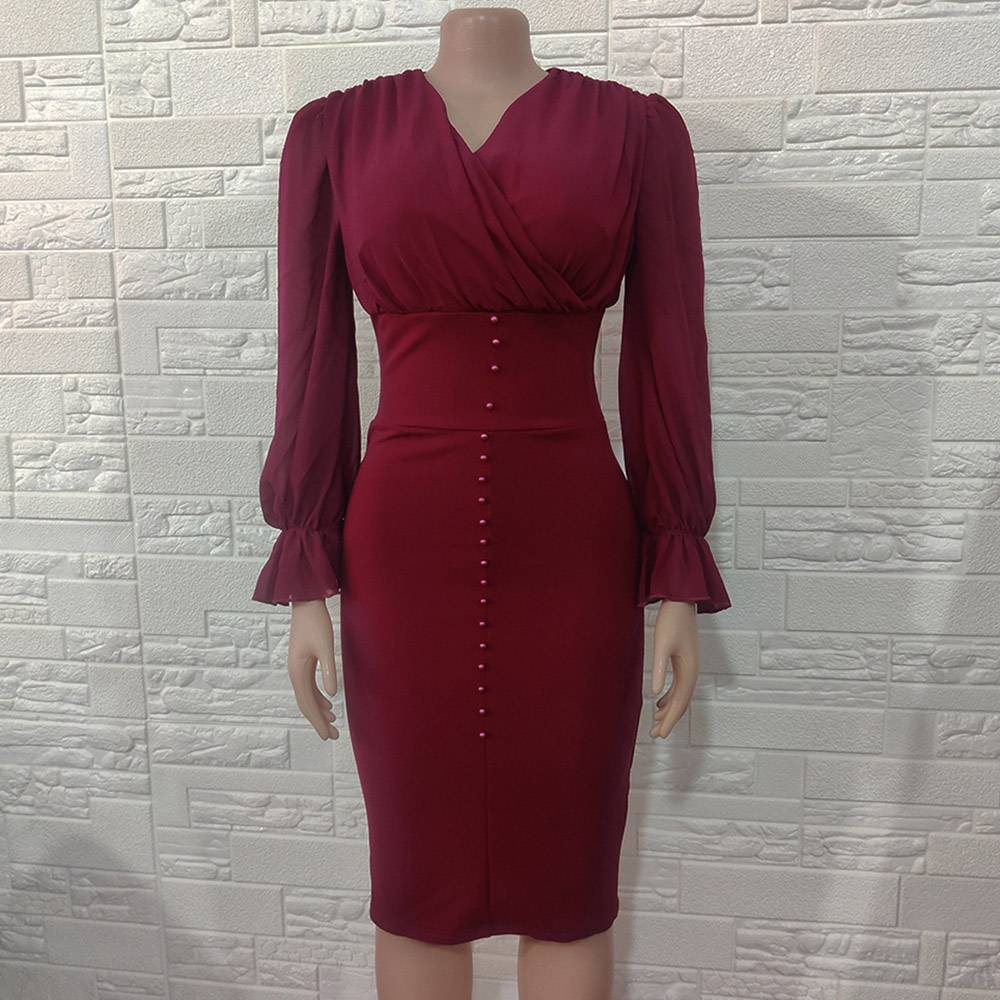 Mid-Calf Button V-Neck Long Sleeve Pullover Women's Sheath Dress