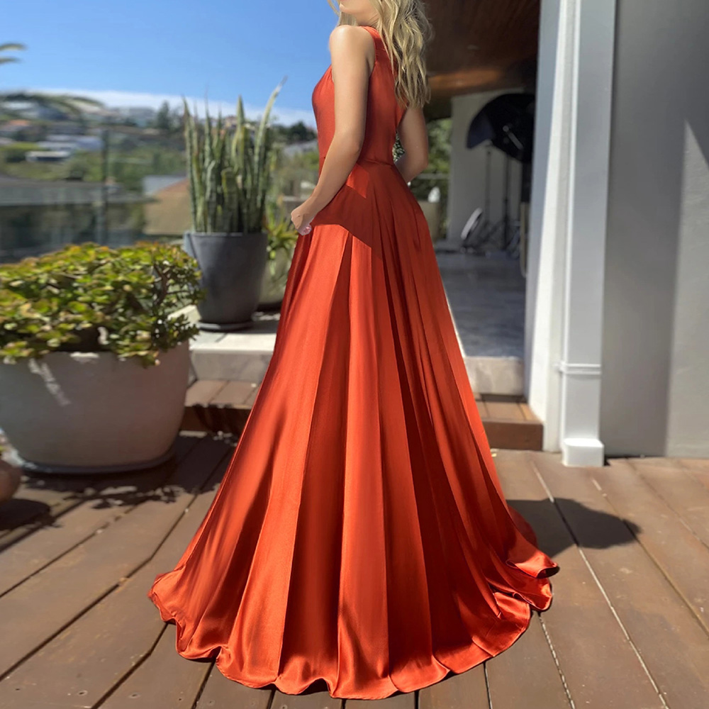 Fashion Split Sleeveless Floor-Length Plain Women's Dress