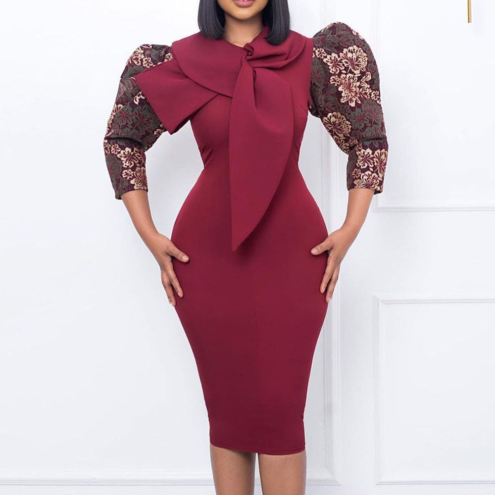 Bow Collar Three-Quarter Sleeve Patchwork Knee-Length Pullover Women's Dress