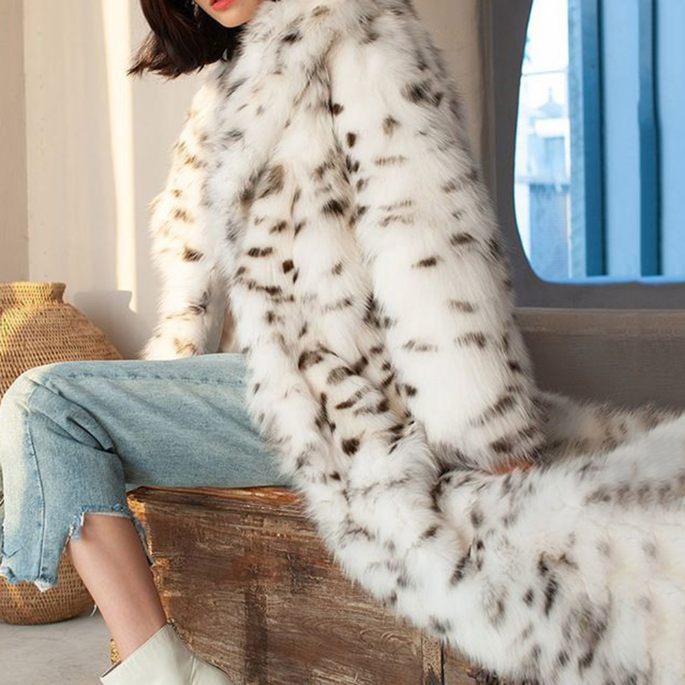 Long Leopard Lapel Straight Women's Faux Fur Overcoat