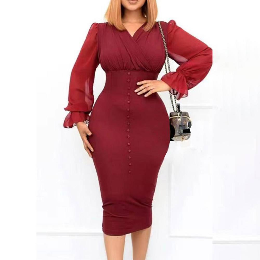 Mid-Calf Button V-Neck Long Sleeve Pullover Women's Sheath Dress